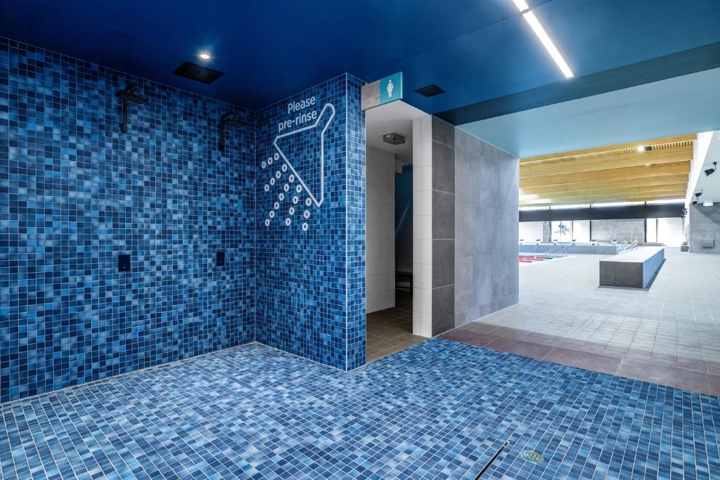 Pool Hall entry with Agrob Buchtal Fresh Midnight Blue 50x50 Mosaic R11_C Pool Hall Entry