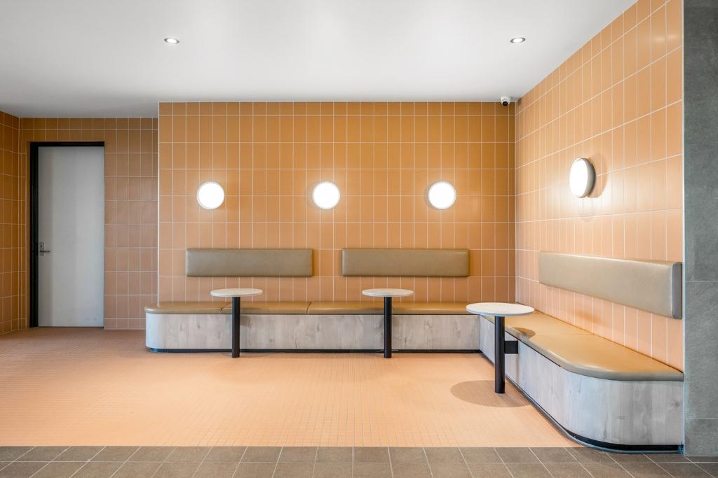 Wet Lounge - Plural Medium Salmon 150x300mm Stacked Vertical Bond Wet Lounge with Plural Medium Salmon 150x300m tile in stack bond